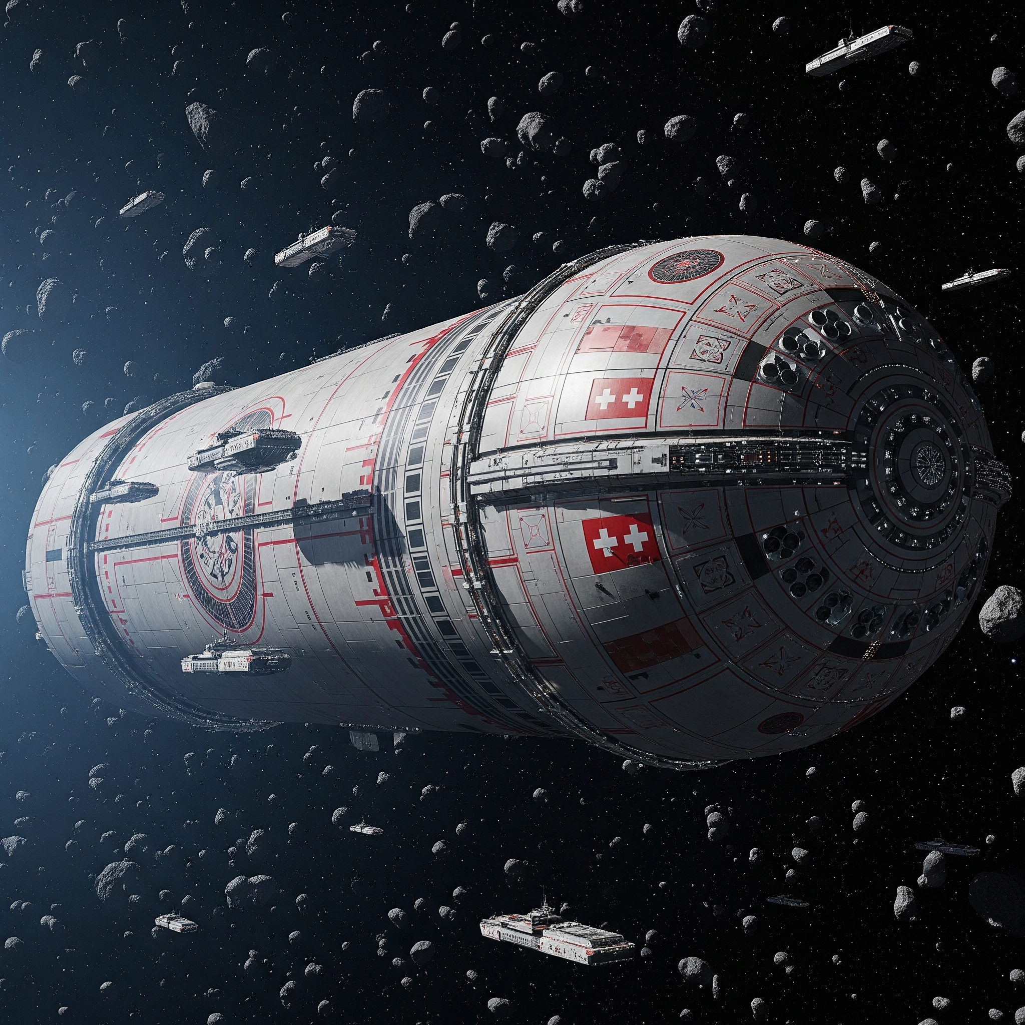 Concordiatra exterior rendering - cylindrical hull with Swiss-cross markings amid asteroid field